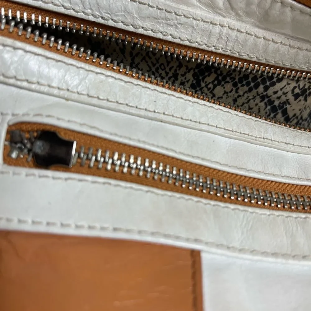 Steven by Steve Madden leather off white and tan satchel silver tone hardwares